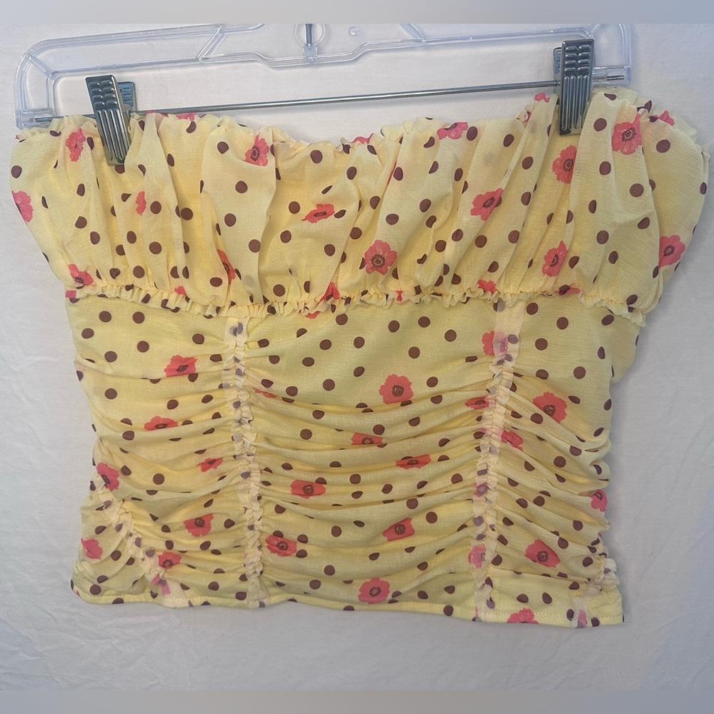 Free People Yellow Strapless Floral Polka Dot Ruched Crop Top